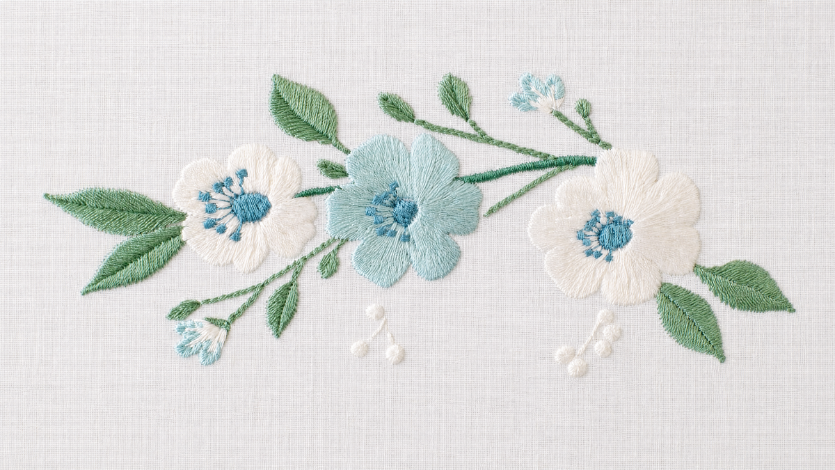 Close-up of embroidered green garden on white linen placemat