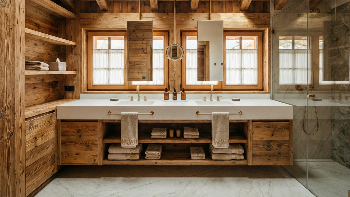 Modern bathroom with wooden walls, skylights, and a double vanity.