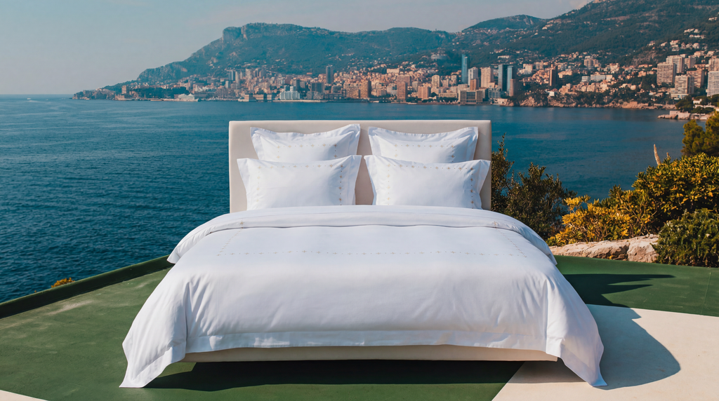 Maison Alia luxury white bedding collection 2026 - premium linen duvet set with scenic Monaco sea view, ultra-high quality