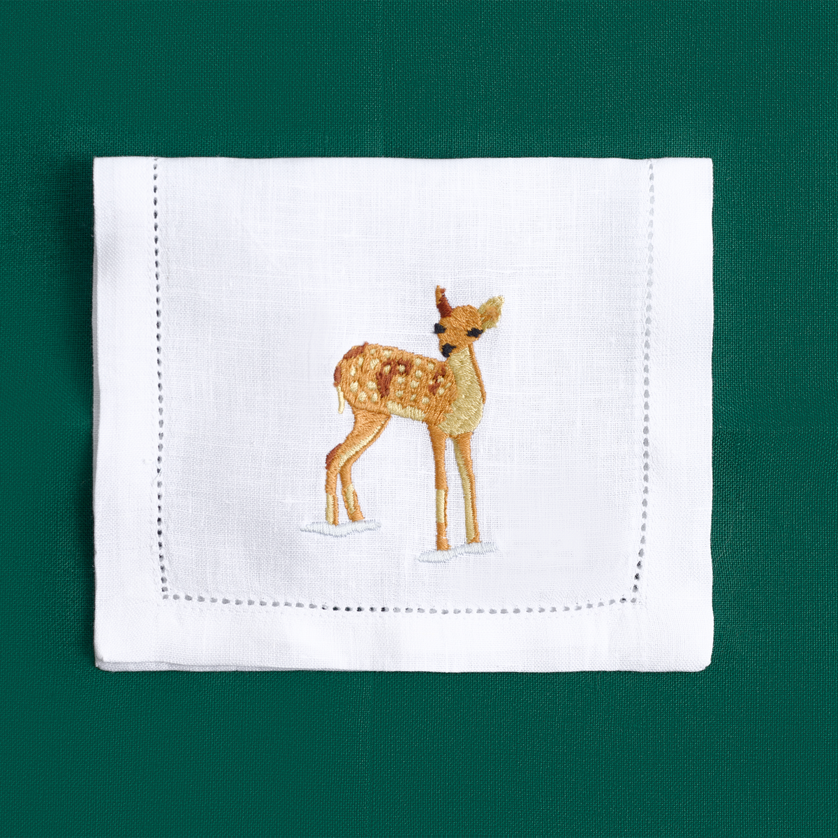 Mountain Animals embroidered fox on white linen cocktail napkin