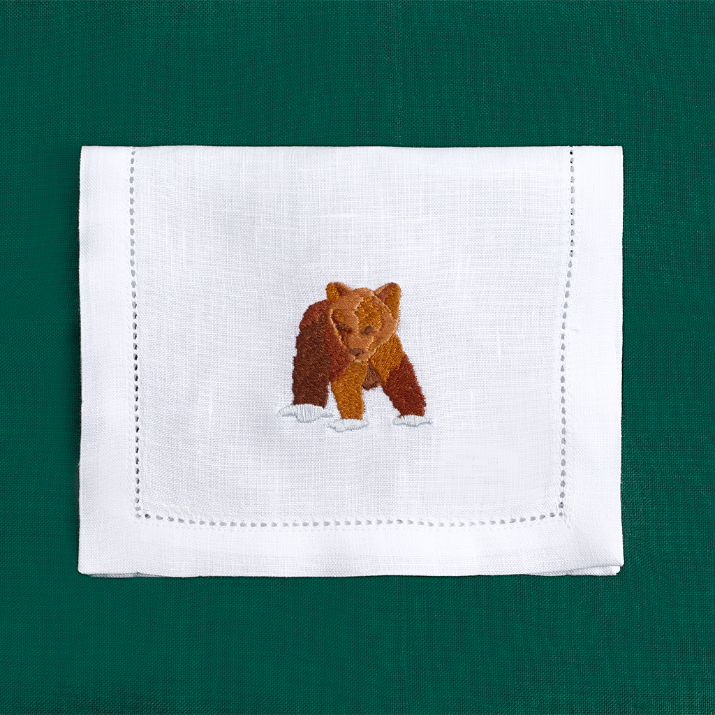 Mountain Animals embroidered deer on white linen cocktail napkin