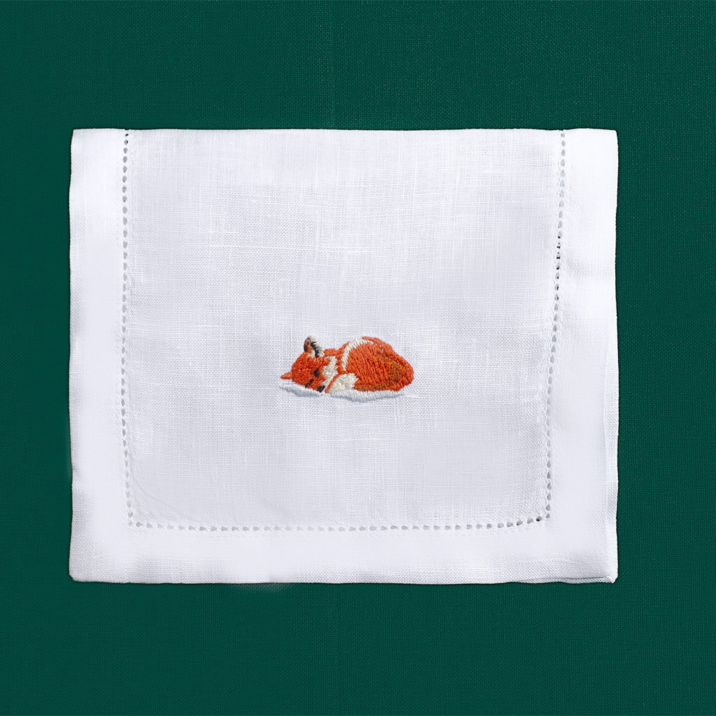 Mountain Animals embroidered chamois on white linen cocktail napkin