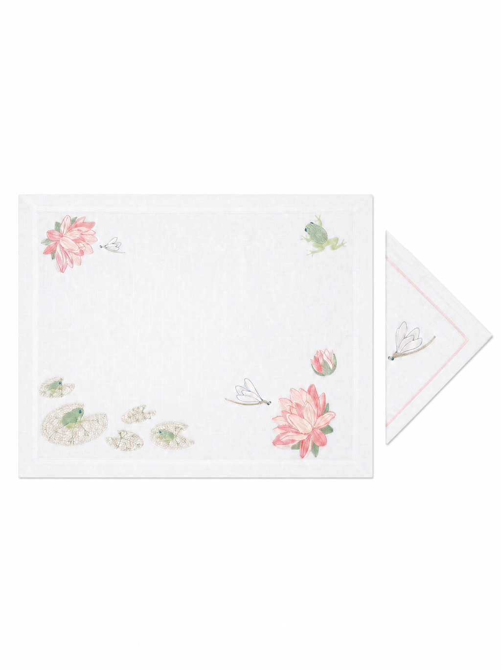 Nymphéas et Grenouilles (Placemat + Napkin) — hand-embroidered Italian linen placemat & napkin set | Maison Alia