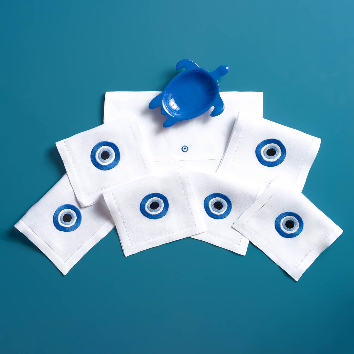 Oeil Grec embroidered Greek evil-eye linen cocktail napkins — Maison Alia