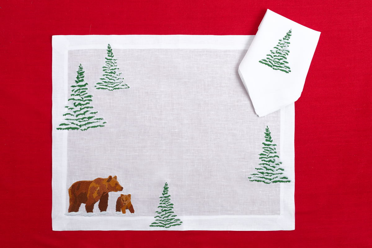 Orso e Abeti embroidered linen placemat, bear and cub among firs — Maison Alia