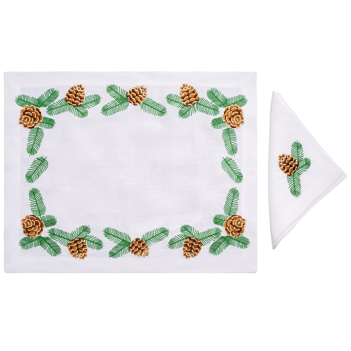 Pine Branches and Pinecones embroidered linen placemat and napkin set — Maison Alia