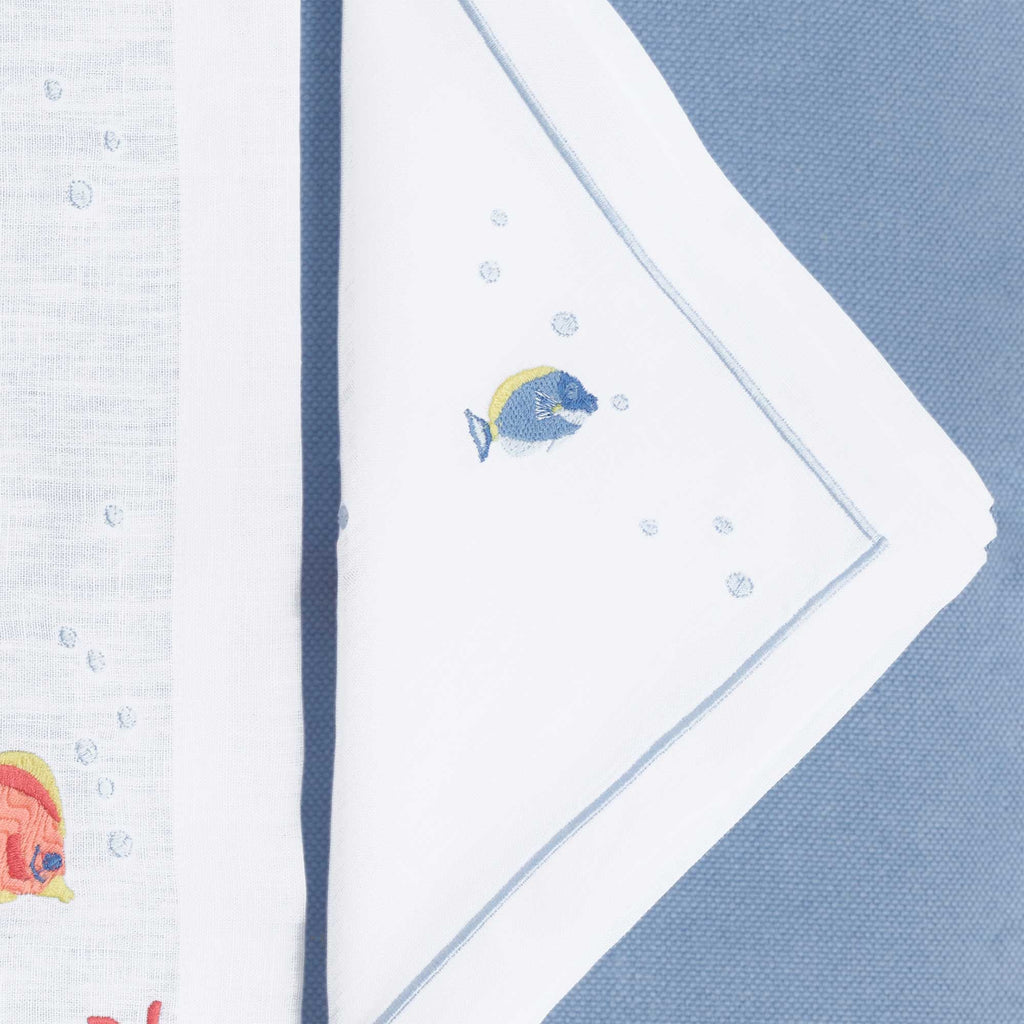 Poissons Exotiques embroidered tropical fish detail on white linen