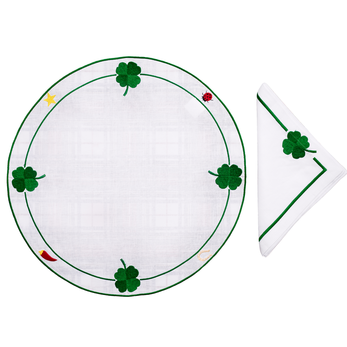 Portafortuna round linen placemat with embroidered lucky charms — Maison Alia