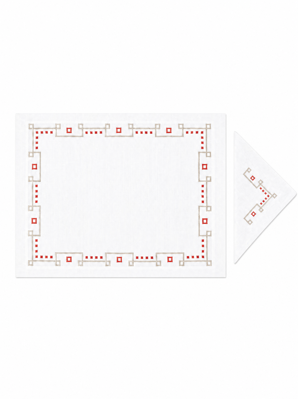 Rouge Carrés red embroidered geometric linen placemat and napkin set — Maison Alia
