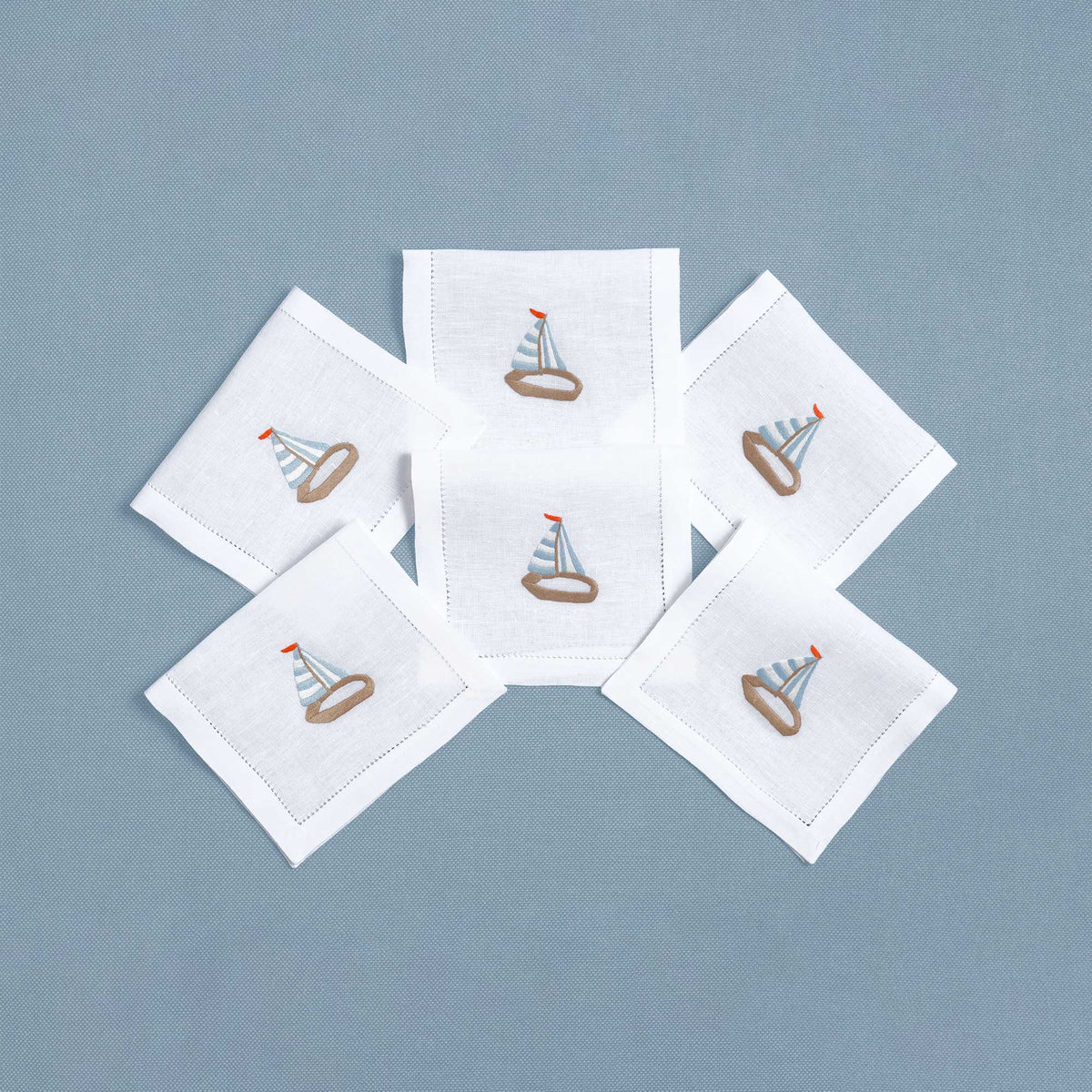 Sailboats embroidered linen cocktail napkins — Maison Alia
