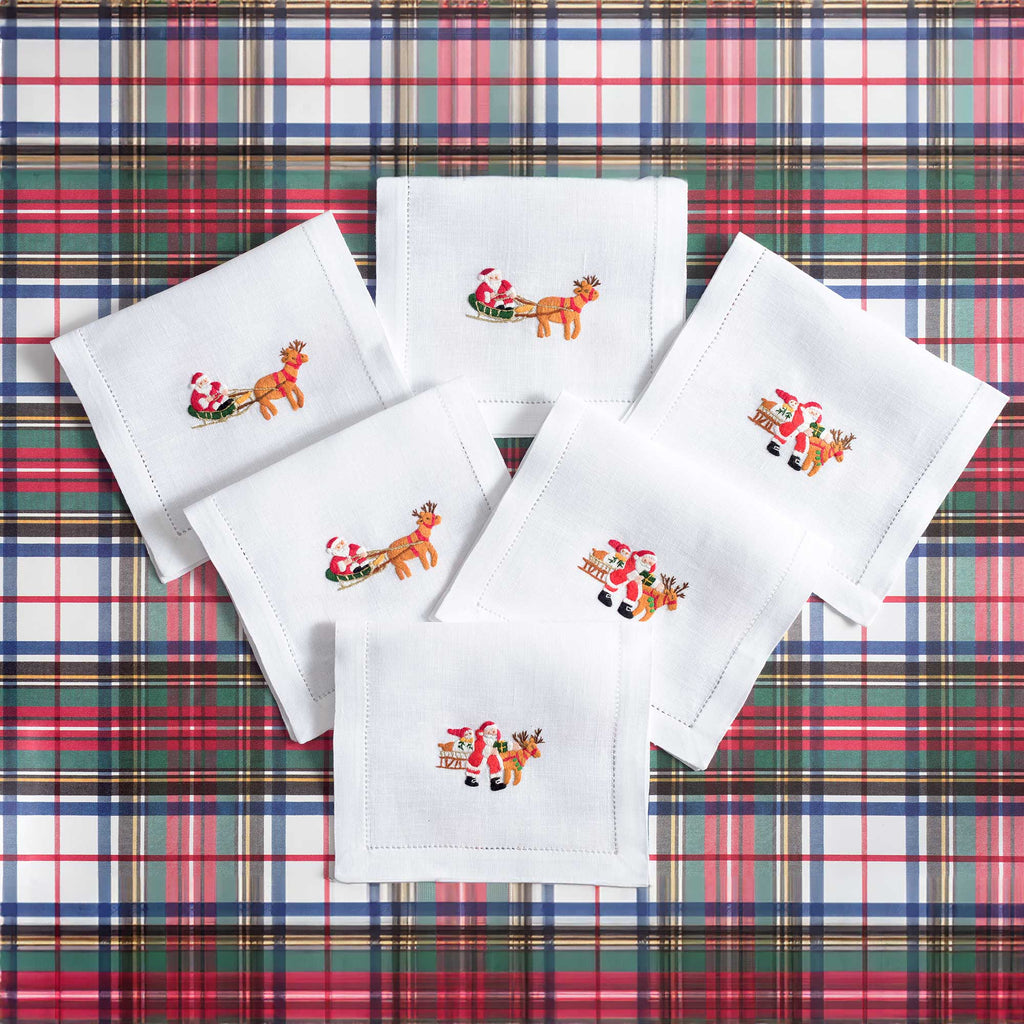 Santa Claus embroidered Father Christmas linen cocktail napkins — Maison Alia