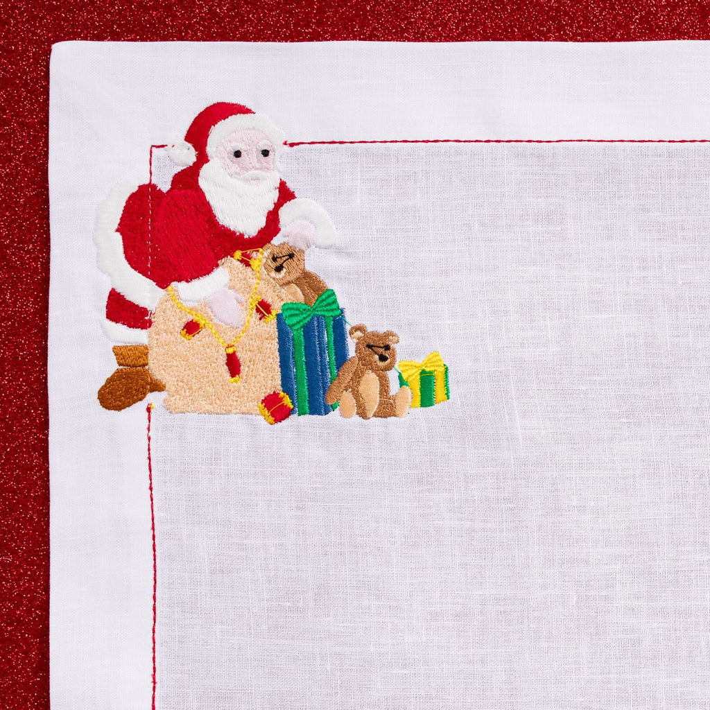 Santa Has Arrived! (Placemat + Napkin) — hand-embroidered Italian linen placemat & napkin set | Maison Alia
