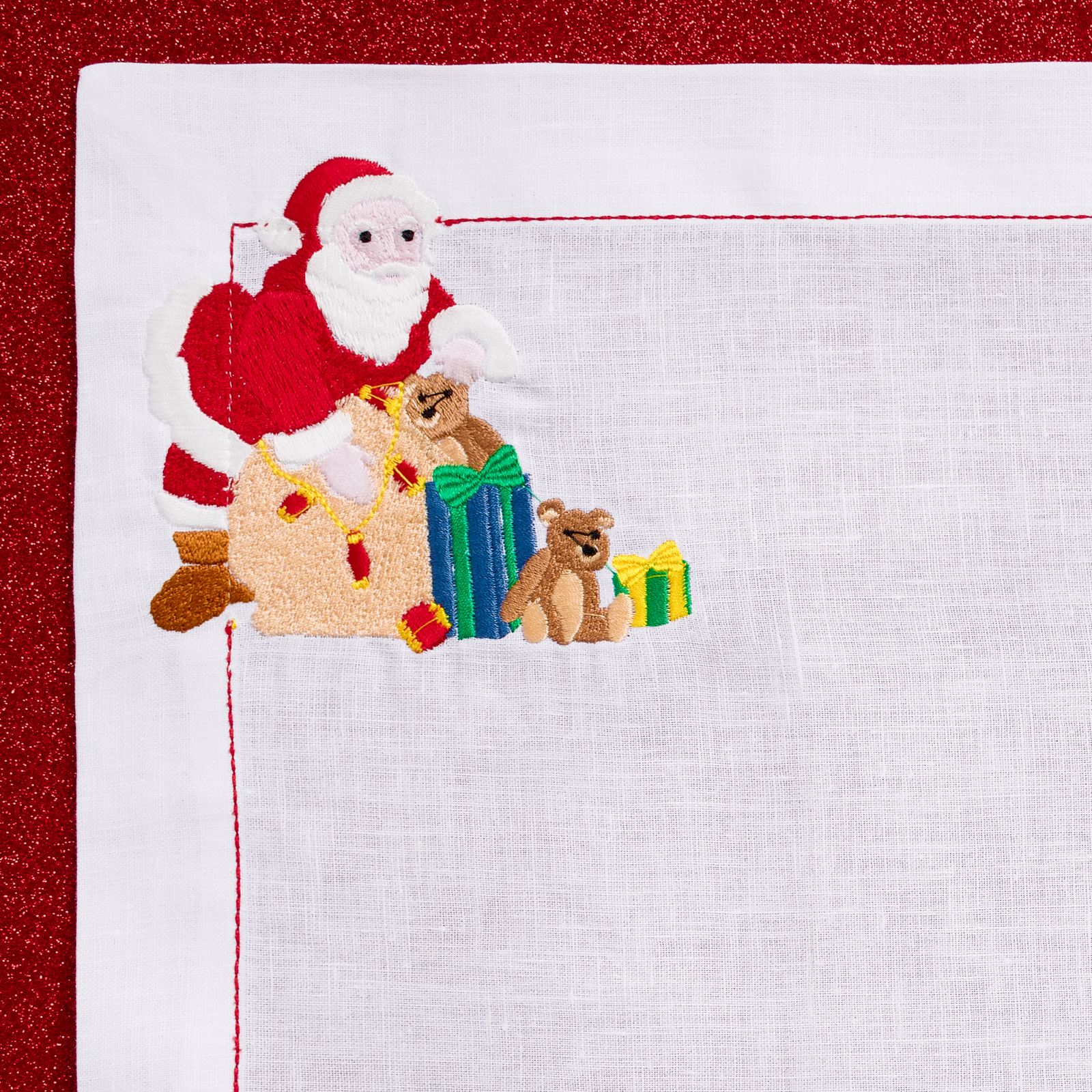 Santa Has Arrived! (Placemat + Napkin) — hand-embroidered Italian linen placemat & napkin set | Maison Alia