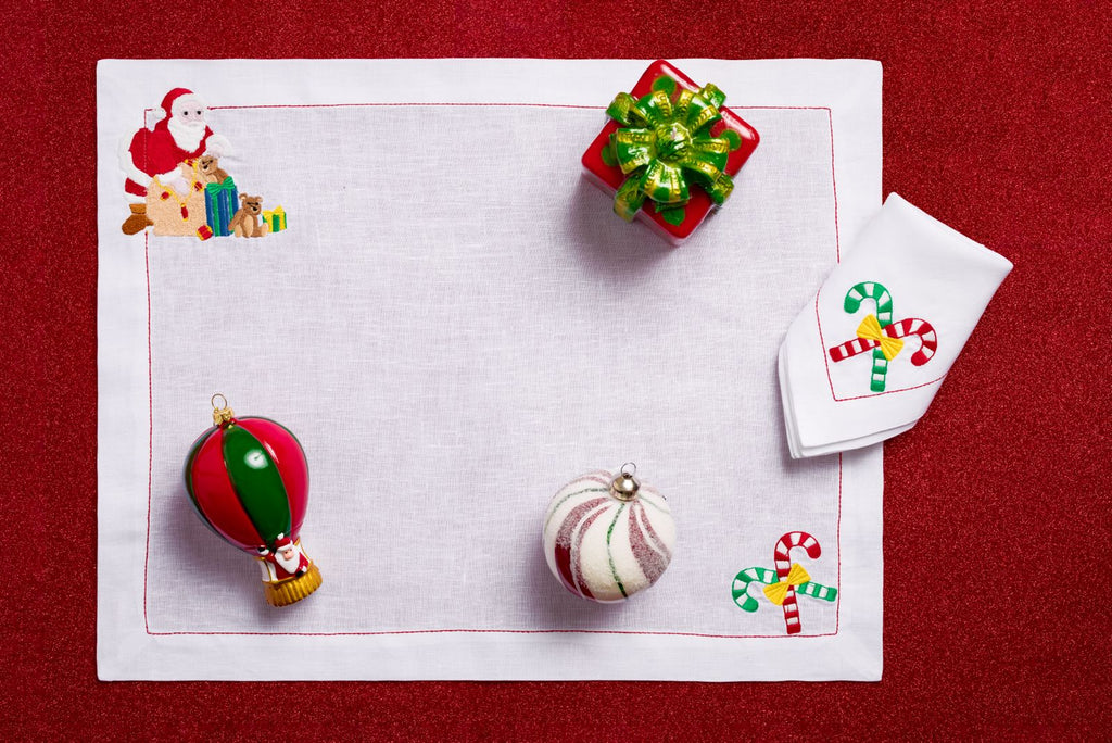 Santa Has Arrived! (Placemat + Napkin) — hand-embroidered Italian linen placemat & napkin set | Maison Alia