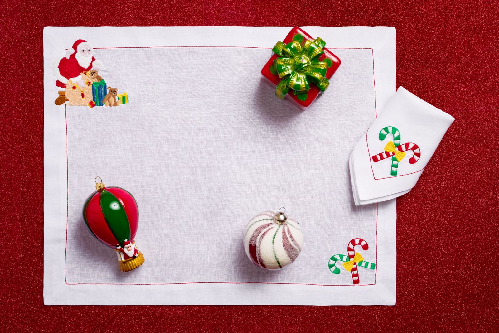 Santa Has Arrived! (Placemat + Napkin) — hand-embroidered Italian linen placemat & napkin set | Maison Alia