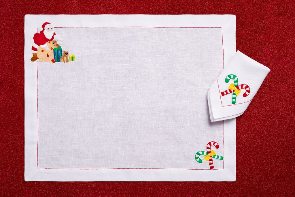 Santa Has Arrived! (Placemat + Napkin) — hand-embroidered Italian linen placemat & napkin set | Maison Alia