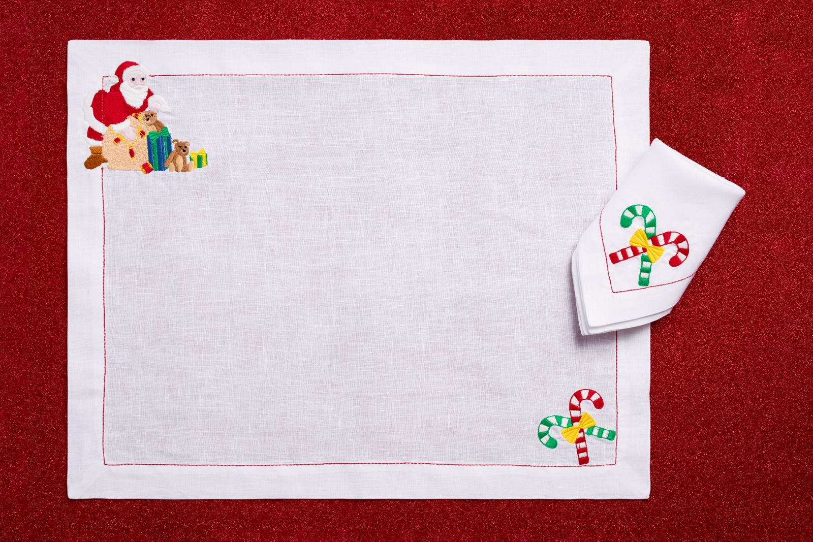 Santa Has Arrived! (Placemat + Napkin) — hand-embroidered Italian linen placemat & napkin set | Maison Alia