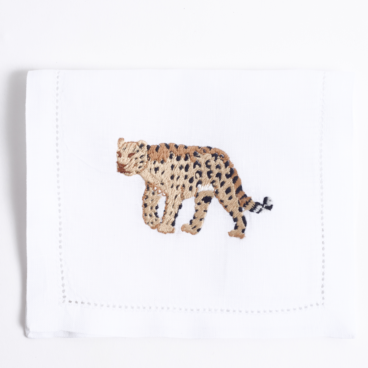 Savanna embroidered safari animal on white linen cocktail napkin