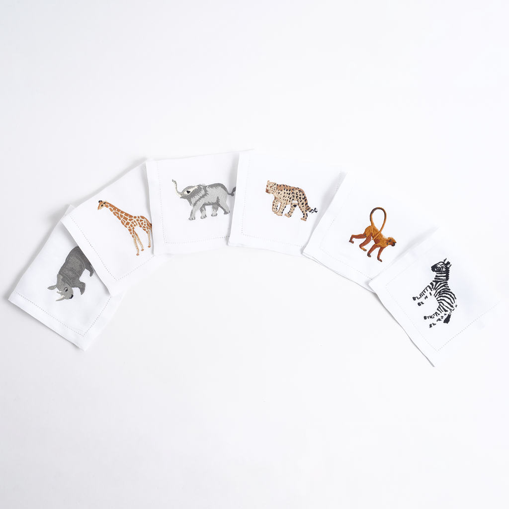 Savanna embroidered safari animal linen cocktail napkins — Maison Alia