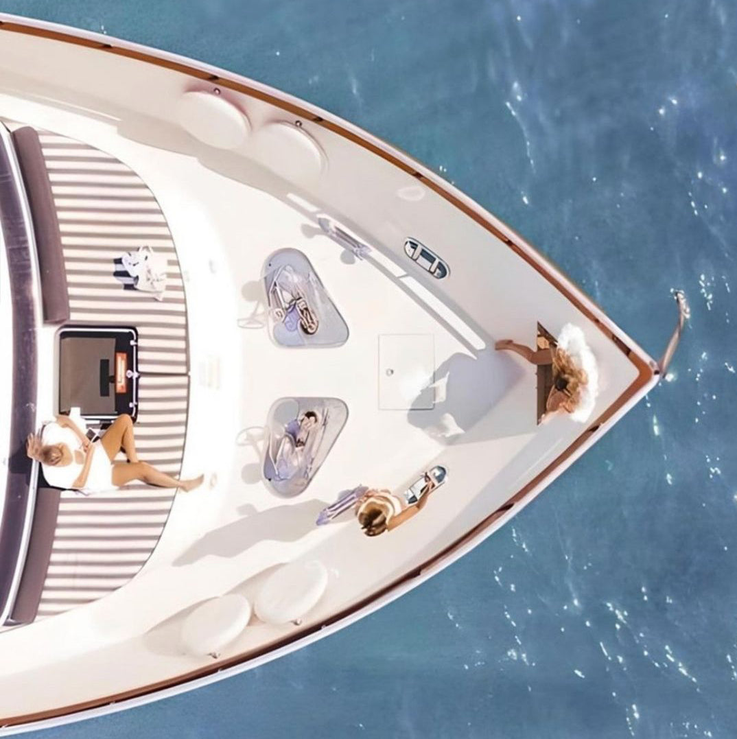 Luxury yacht at sea outfitted with made-to-measure Maison Alia linen
