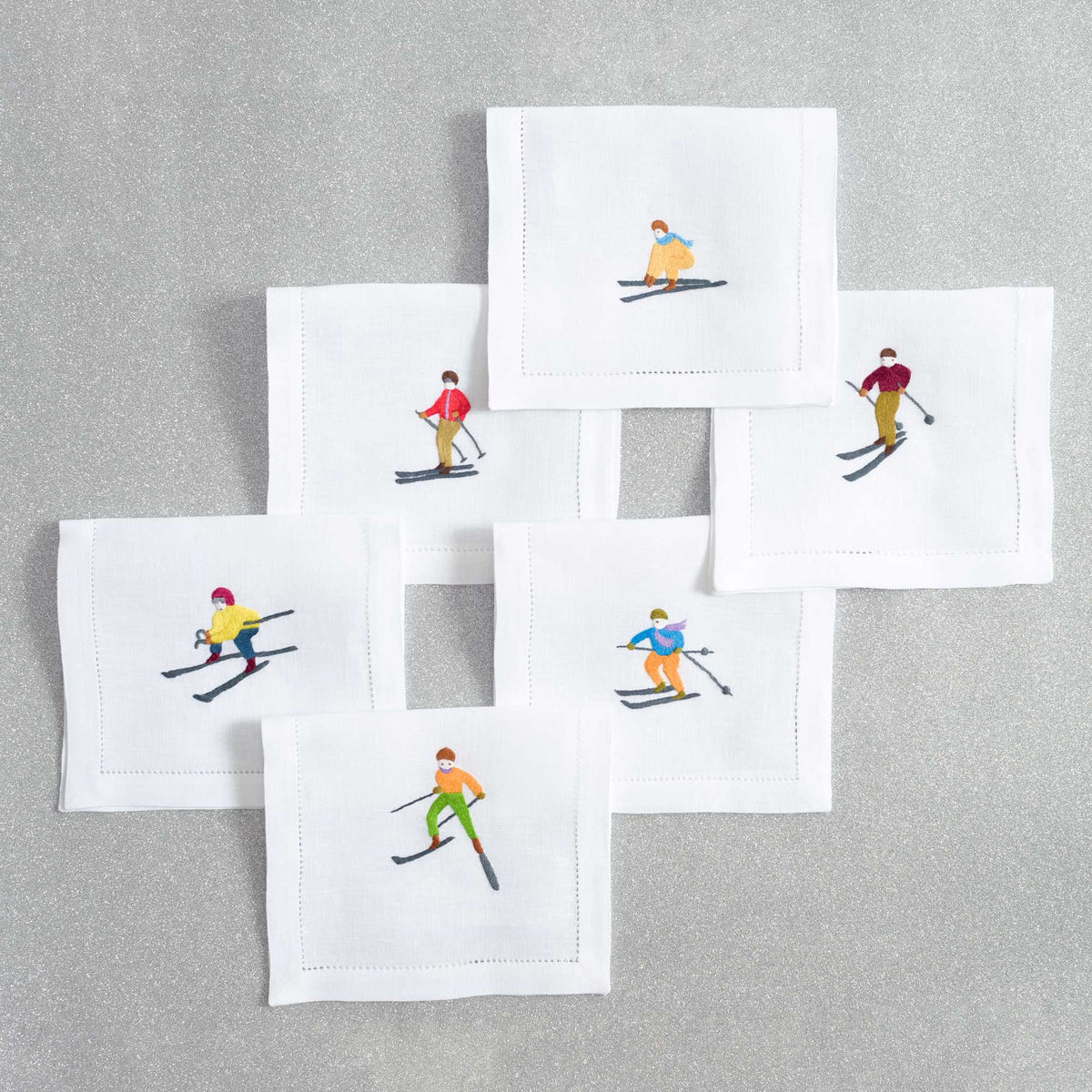 Skiers embroidered linen cocktail napkins — Maison Alia