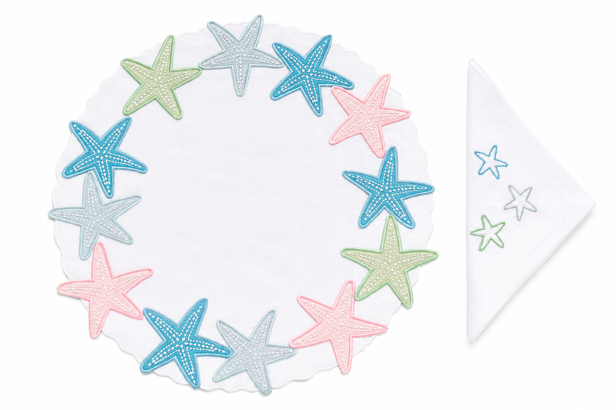 Stelle Marine embroidered starfish linen placemat and napkin set — Maison Alia