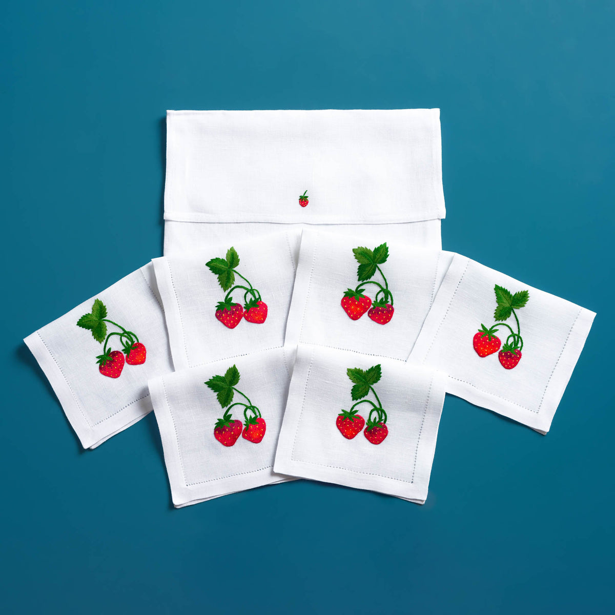 Strawberries embroidered linen cocktail napkins — Maison Alia