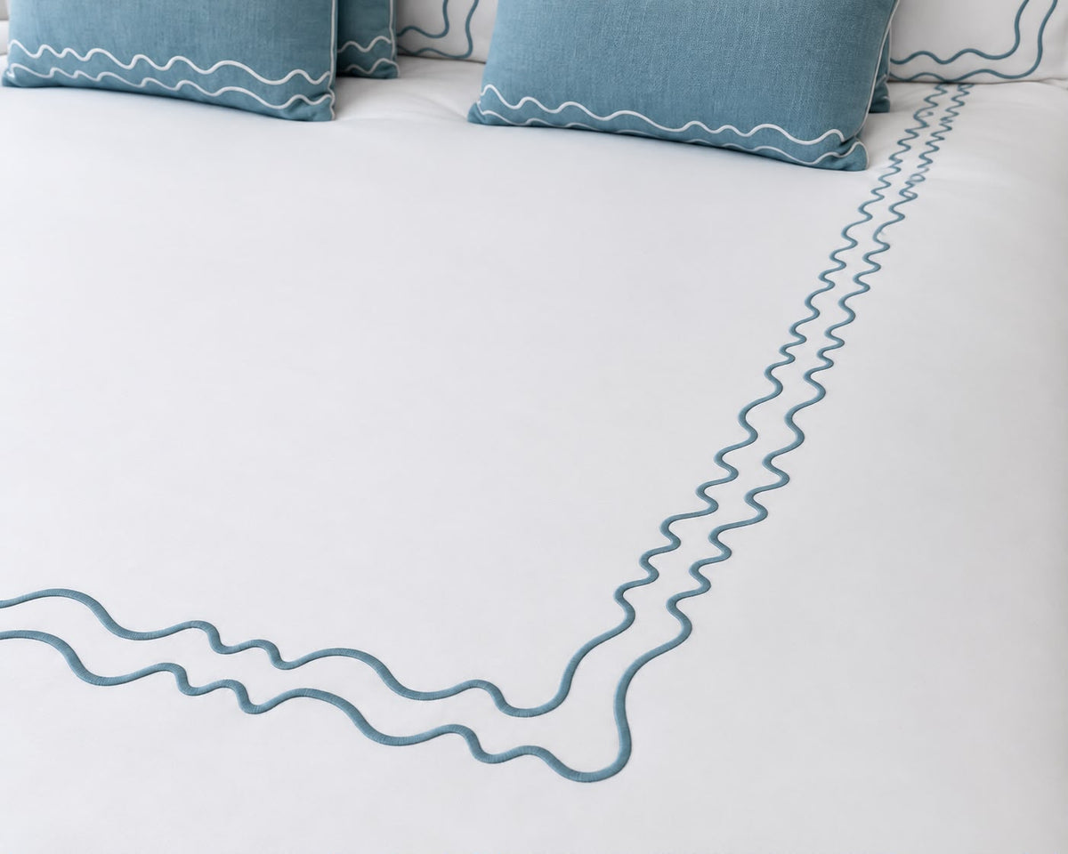 Waves embroidered bed set styled view — Maison Alia