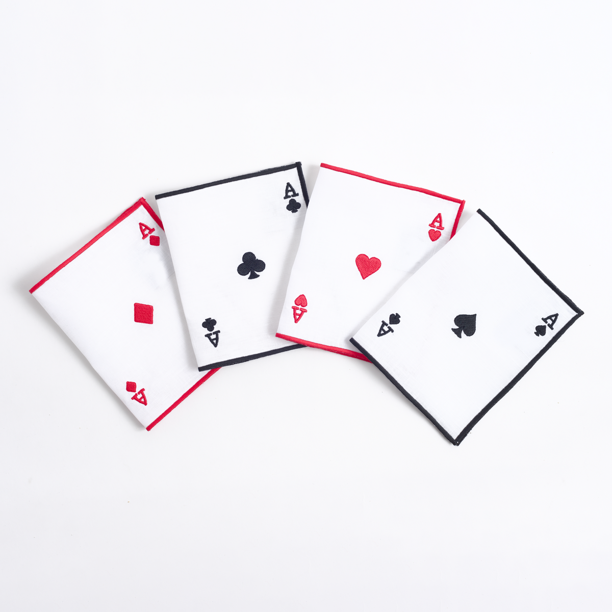 Aces embroidered playing-card linen cocktail napkins — Maison Alia