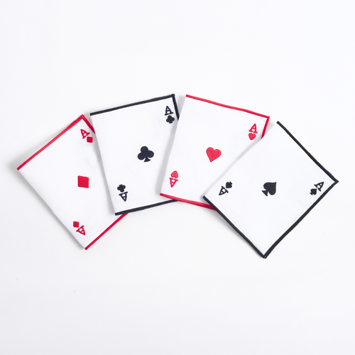 Aces embroidered playing-card linen cocktail napkins — Maison Alia