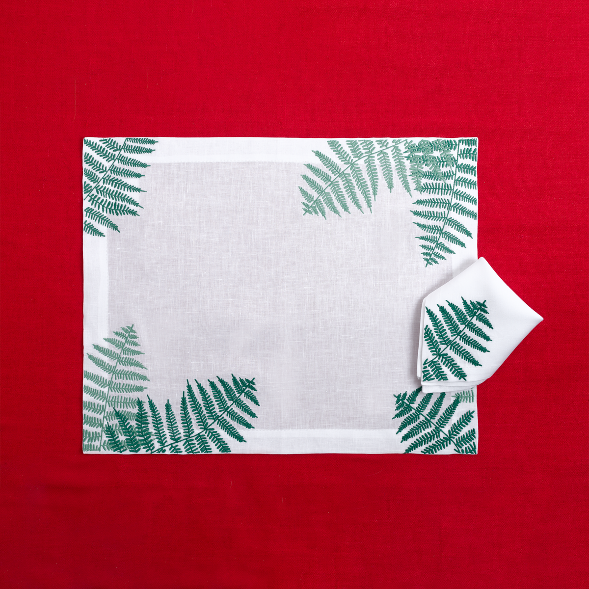 Fougères embroidered fern linen placemat and napkin set — Maison Alia