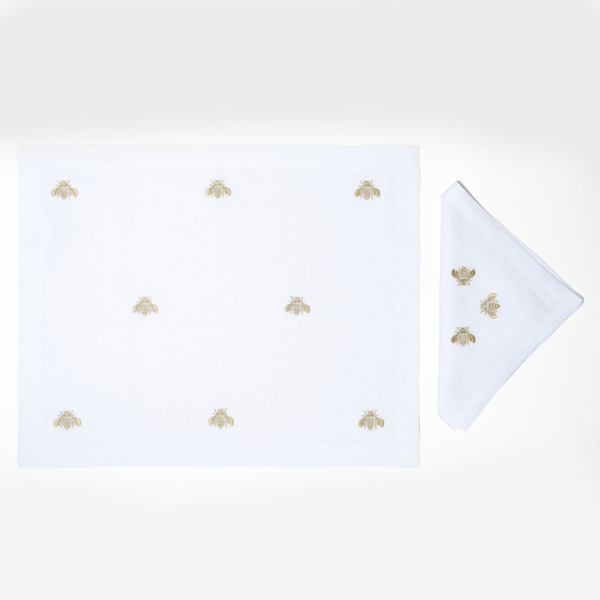 Golden Bees embroidered golden bee linen placemat and napkin set — Maison Alia