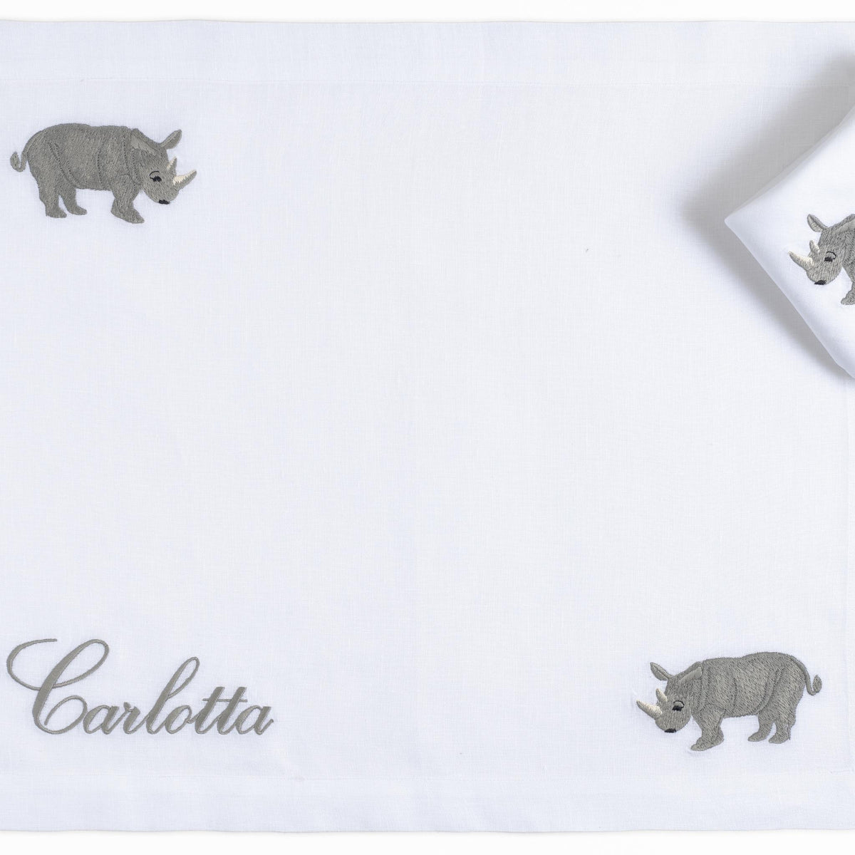 Rhinoceros children's placemat and matching napkin in pure Italian linen — Maison Alia