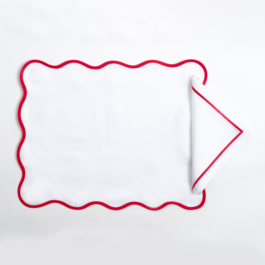 Table - Placemat - White Linen & Red Scallop Edge